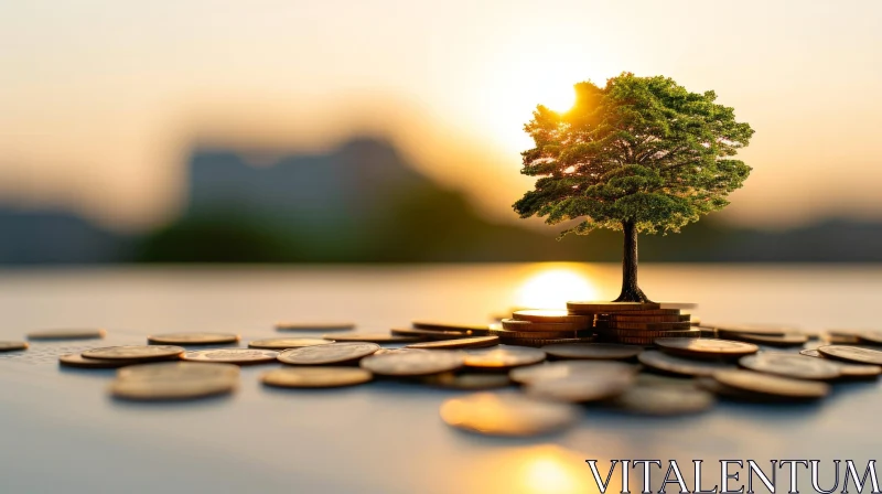Tree Growing from Pile of Coins - Hope and Growth AI Image