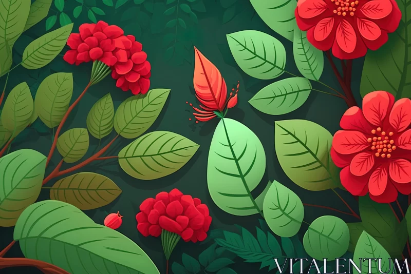 Vibrant Red Flowers and Green Leaves in a Mysterious Backdrop AI Image