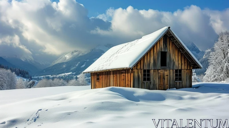 Winter Wonderland: A Serene Wooden House in a Snowy Field AI Image