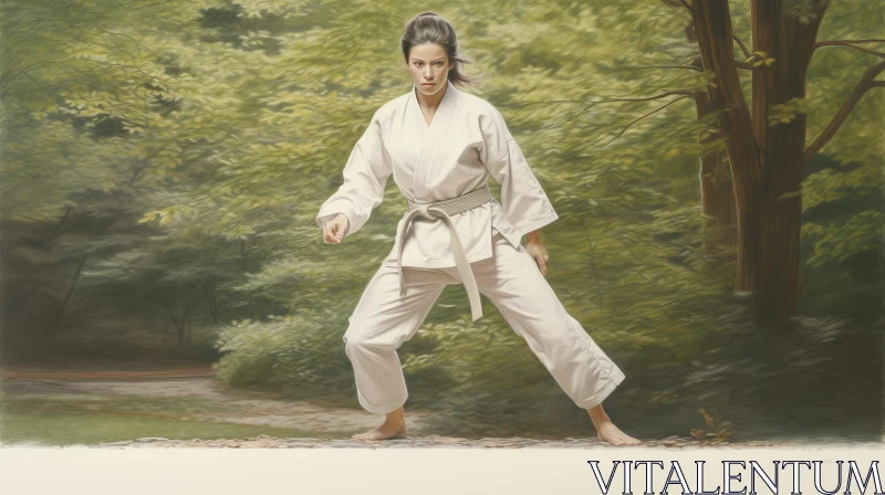 Young Woman in Karate Gi - Forest Fighting Stance AI Image