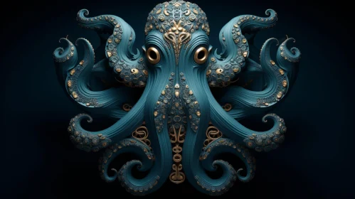 Blue and Gold Octopus 3D Rendering - Detailed Steampunk Style