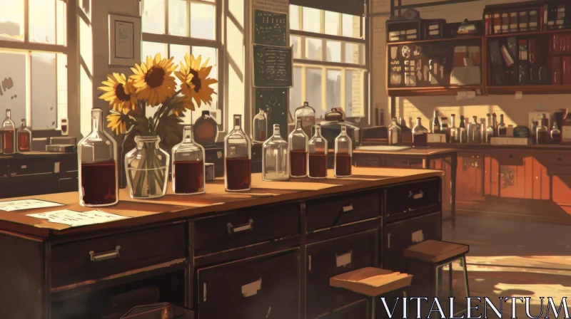 Captivating Digital Painting of a Laboratory with Equipment and Sunflowers AI Image