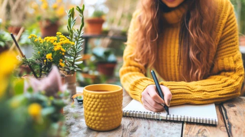 Captivating Garden Scene: Young Woman Enjoying Tea and Writing