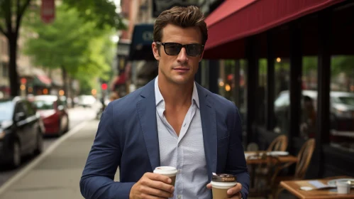 Confident Young Man in Blue Suit Walking in City with Coffee Cups