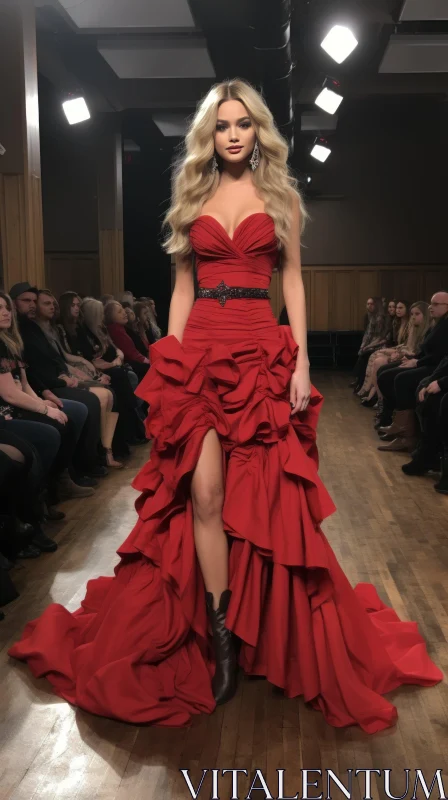 Elegant Red Dress Fashion Model on Catwalk AI Image