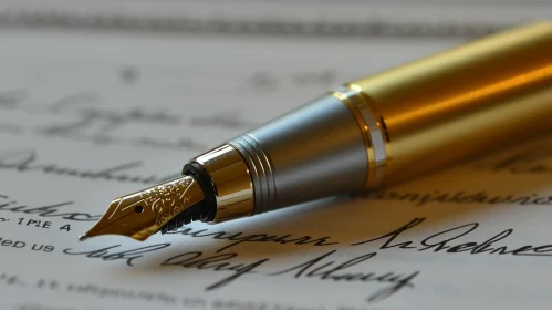Gold and Silver Fountain Pen with Handwritten Signature on Paper