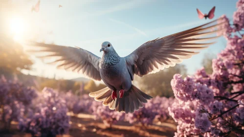 Graceful White Pigeon Flight Over Meadow with Pink Flowers