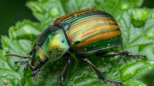 Green Scarab Beetle Close-up on Leaf