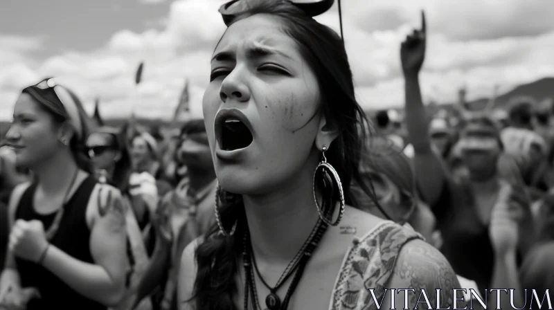 Intense Grayscale Portrait of a Screaming Native American Woman AI Image