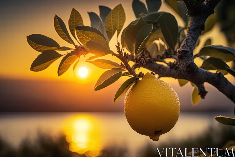 Lemons Growing on Tree at Sunrise: A Romantic and Serene Scene AI Image