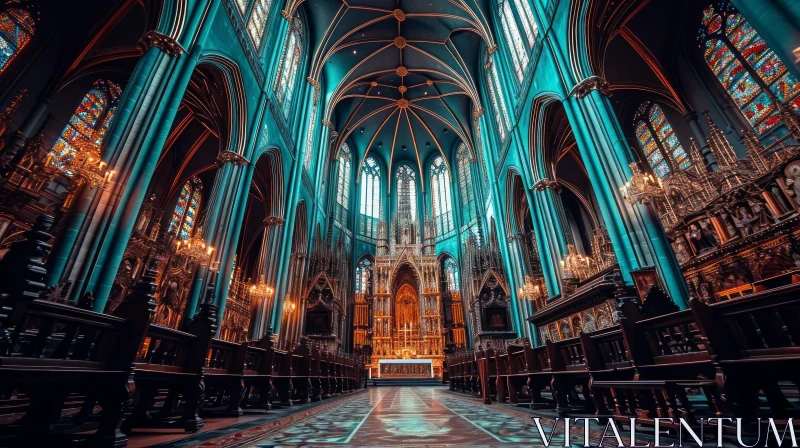 Magnificent Gothic Cathedral Interior: Ribbed Vault, Stained Glass, and Ornate Altar AI Image