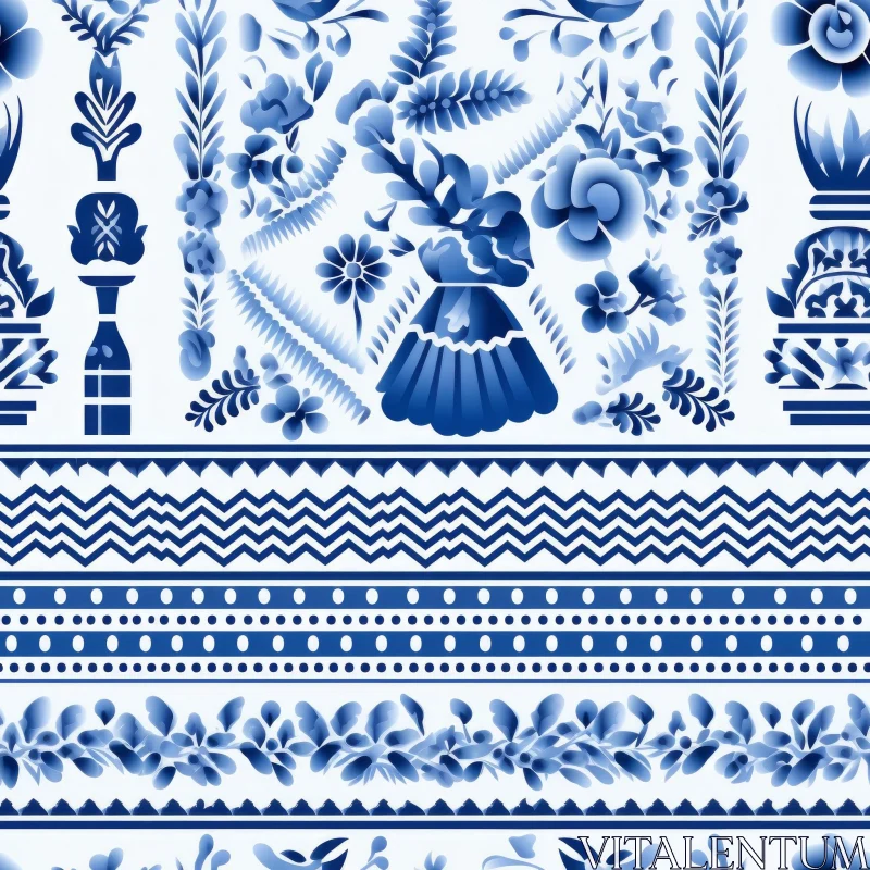 AI ART Mexican Talavera Tile Pattern - Blue and White Floral Design