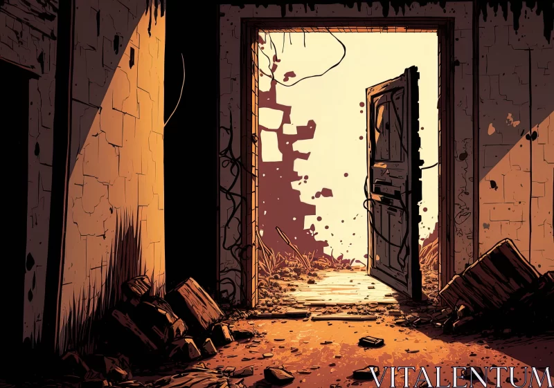 Post-apocalyptic Illustration: Weathered Door in Desolate Ruins AI Image