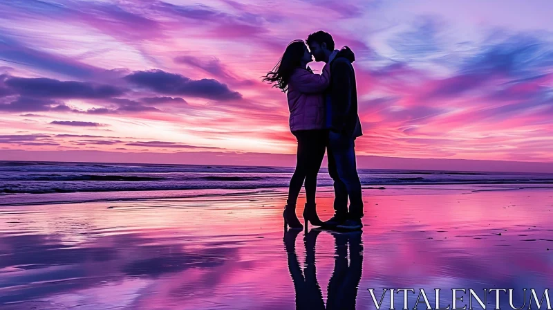 AI ART Tranquil Sunset Over Ocean with Embracing Couple