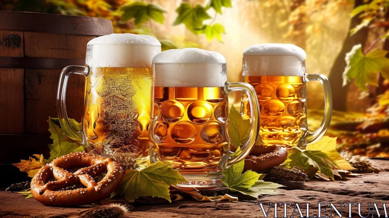 Autumn Beer Delight - Wooden Table with Three Glasses of Golden Beer AI Image