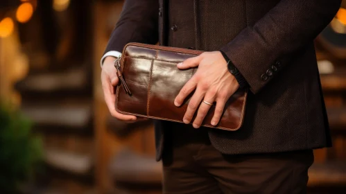 Brown Suit Man with Leather Bag - Close-up Shot