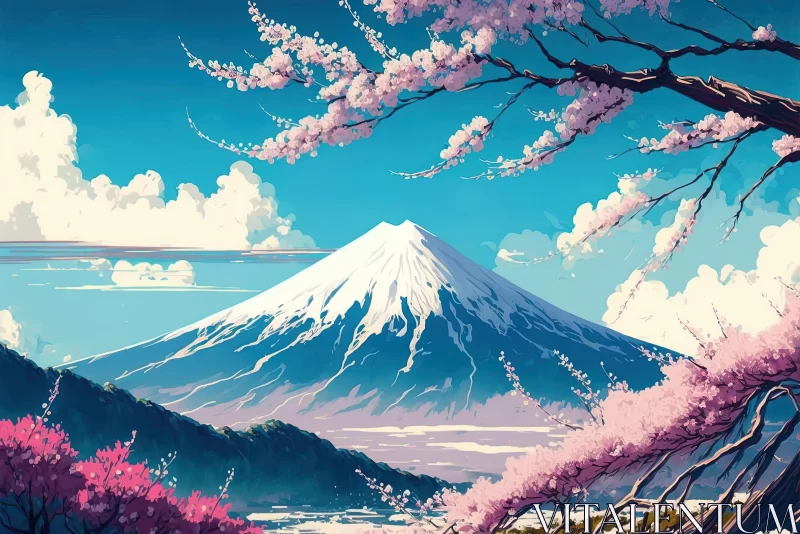 Captivating Cherry Blossoms on Mount Fuji: Anime-inspired Illustration AI Image