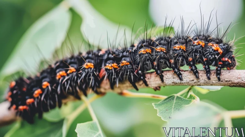 Close-Up Image of Black and Orange Tent Caterpillars on Branch AI Image