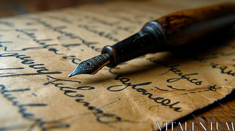 Close-Up of Fountain Pen on Aged Paper | Elegant Wood and Silver Accents AI Image