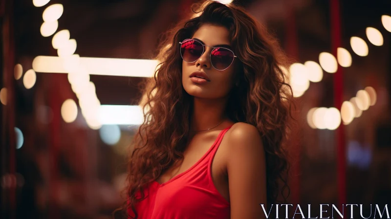 Confident Woman Portrait in Red Tank Top and Sunglasses AI Image