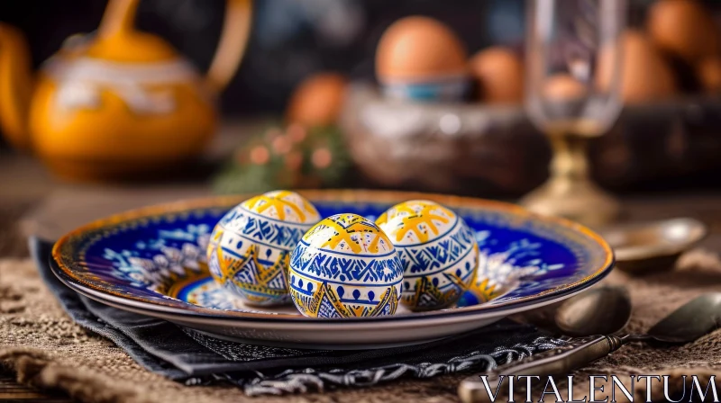 AI ART Easter Eggs on Blue and White Patterned Plate