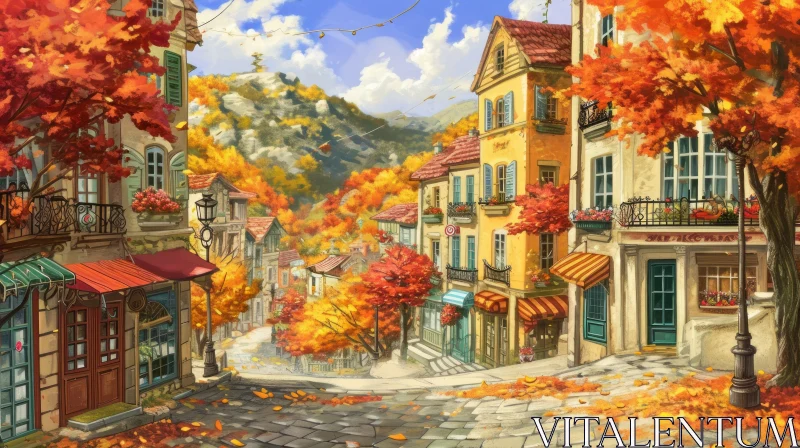 Enchanting European Town Streetscape in Autumn AI Image