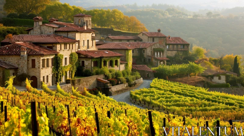 Enchanting Fall Vineyard Landscape: A Road Through Golden Grape Vines AI Image