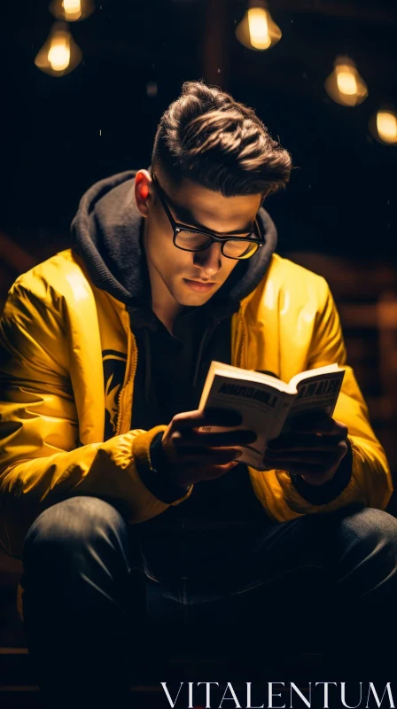 Enigmatic Young Man Reading in Yellow Jacket AI Image