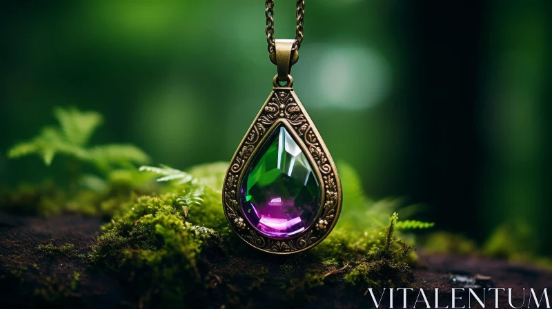 Exquisite Green and Purple Teardrop Pendant on Moss Bed AI Image