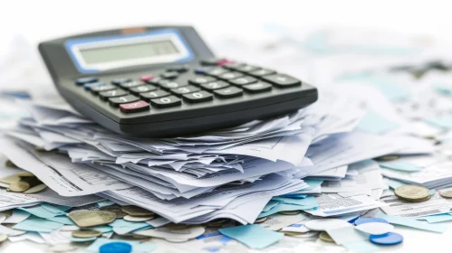 Finance and Money: Crumpled Receipts and Coins with Calculator