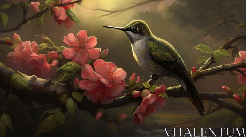 Hummingbird on Flowering Tree Painting AI Image