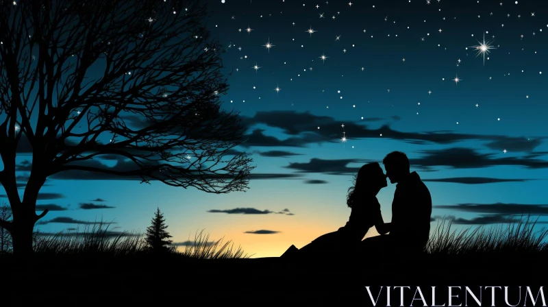 Moonlit Romance: Couple on Hill Overlooking Lake AI Image