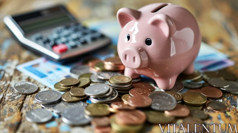 Pink Piggy Bank on Coins: Financial Savings and Planning AI Image