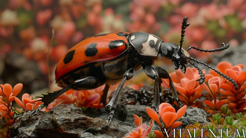 AI ART Red and Black Beetle on Rock in Field of Flowers