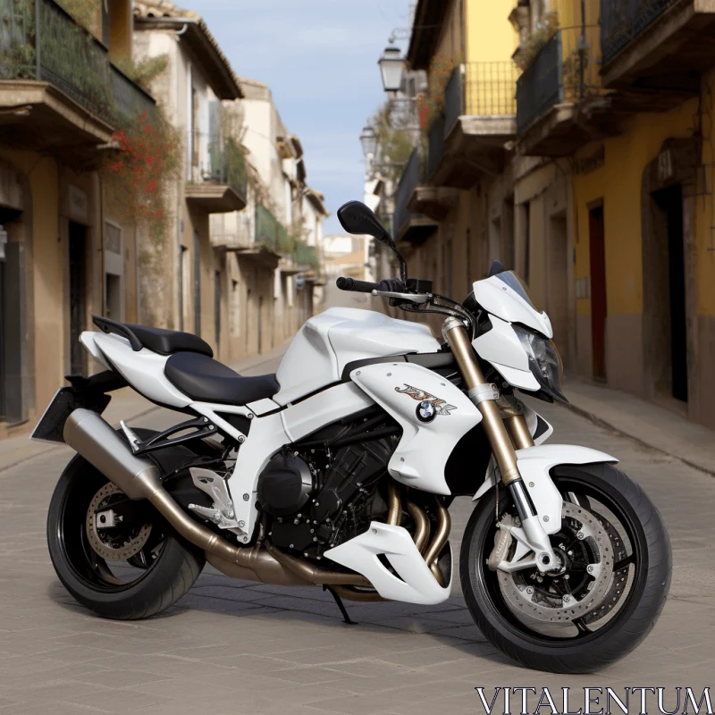 AI ART Sleek White Motorcycle in front of Magnificent Building - Street-Savvy Elegance
