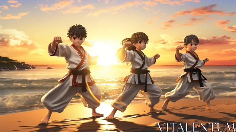Sunset Martial Artists on Beach AI Image
