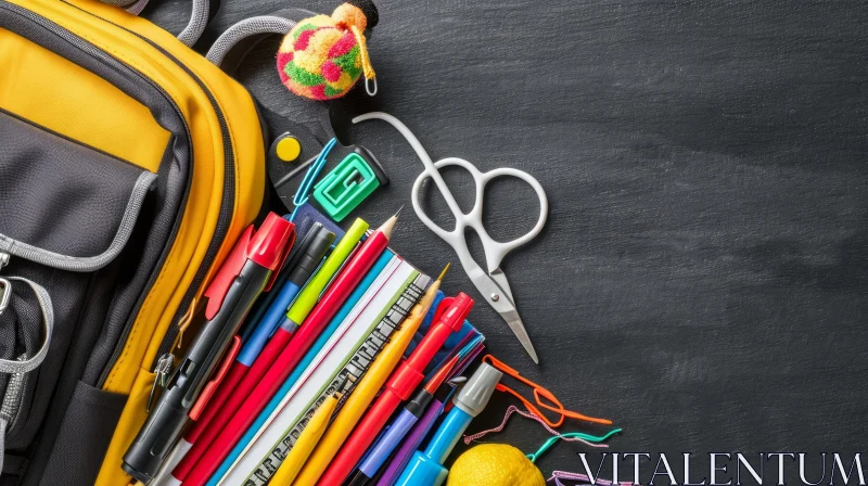 Vibrant Yellow Backpack with Overflowing School Supplies on Chalkboard Background AI Image