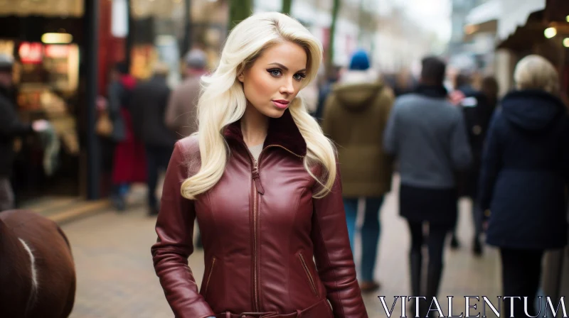 Young Blonde Woman in Red Leather Jacket Walking Street AI Image