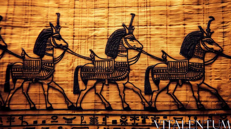 AI ART Ancient Egyptian Papyrus: Horses and Chariot