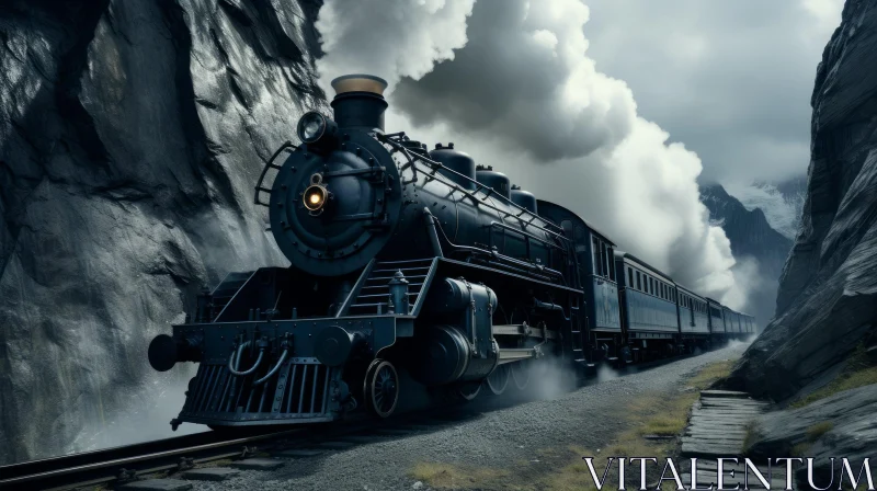 Black Steam Locomotive Moving on Mountain Railroad Track AI Image