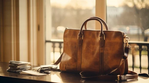 Brown Leather Briefcase on Wooden Table