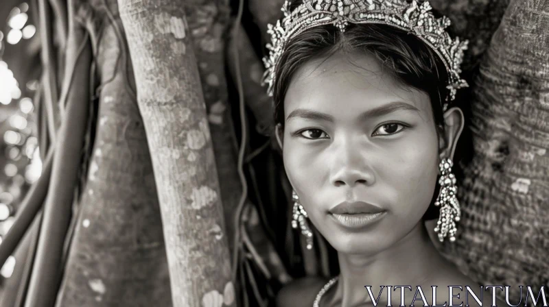 Captivating Black and White Portrait of a Cambodian Woman with Traditional Jewelry AI Image
