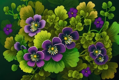 Captivating Purple Flowers and Green Leaves Artwork