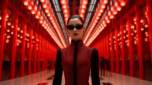 Confident Woman in Red Dress and Sunglasses in Corridor