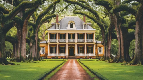 Elegant Southern Plantation House with Oak Tree-lined Driveway