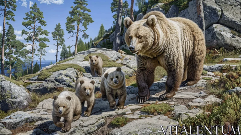 Family of Bears in Rocky Landscape Painting AI Image