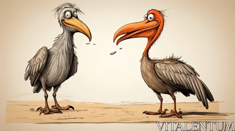 Funny Cartoon Pelicans on Sand AI Image