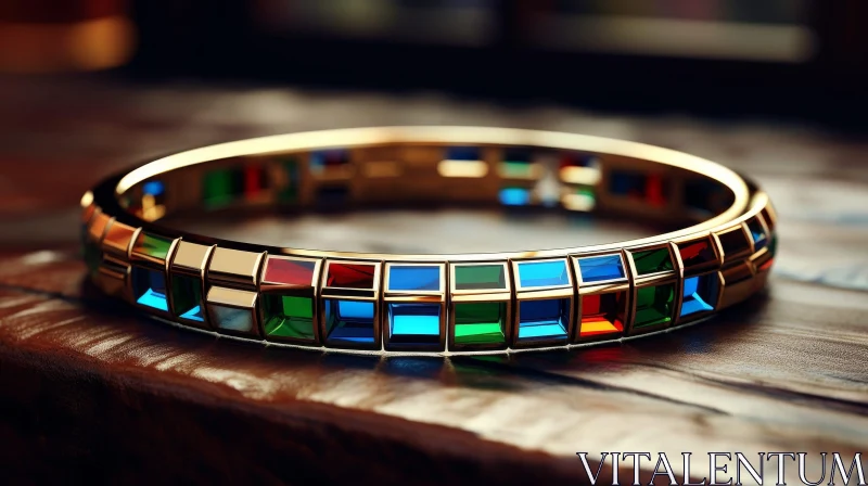 Gold Bracelet with Colorful Gemstones on Wooden Surface AI Image