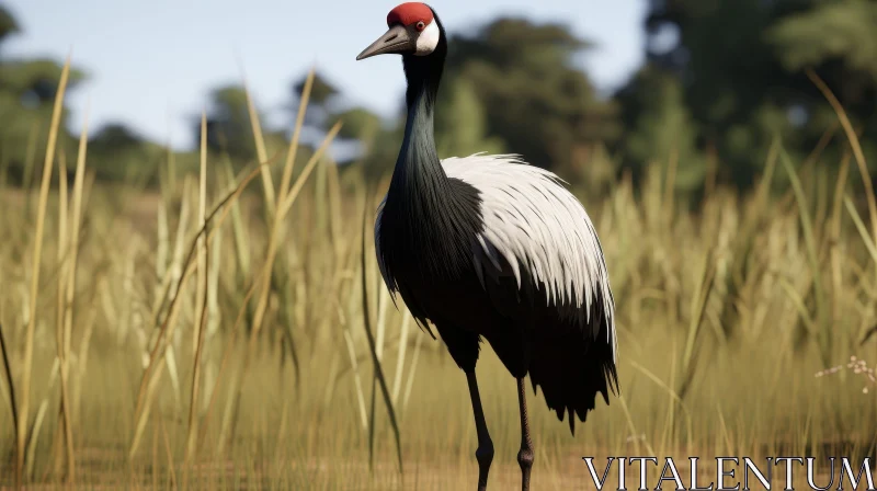 Graceful Black-Crowned Crane in Green Field AI Image