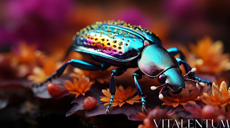 Rainbow-Colored Beetle Close-Up on Leaf AI Image